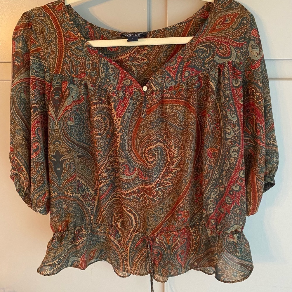 American Living Brown Paisley Woman’s Blouse Size L - Vibrant Color